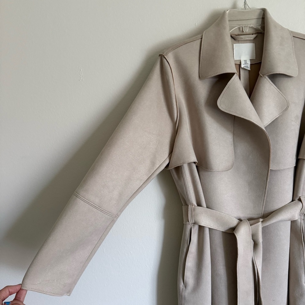 H&M Classic Tan Faux Suede Trench Coat Tie Waist Women's Size Medium - Picture 4 of 10